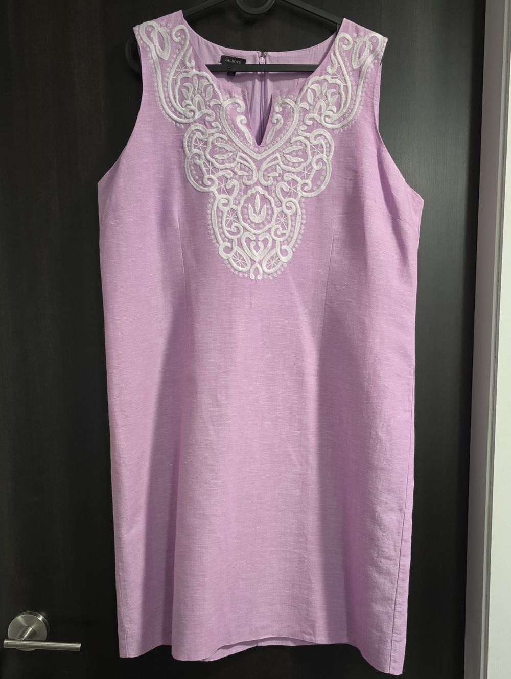 EUC Talbots Lavender Linen Blend Embroidered Shift Dress, Size 14